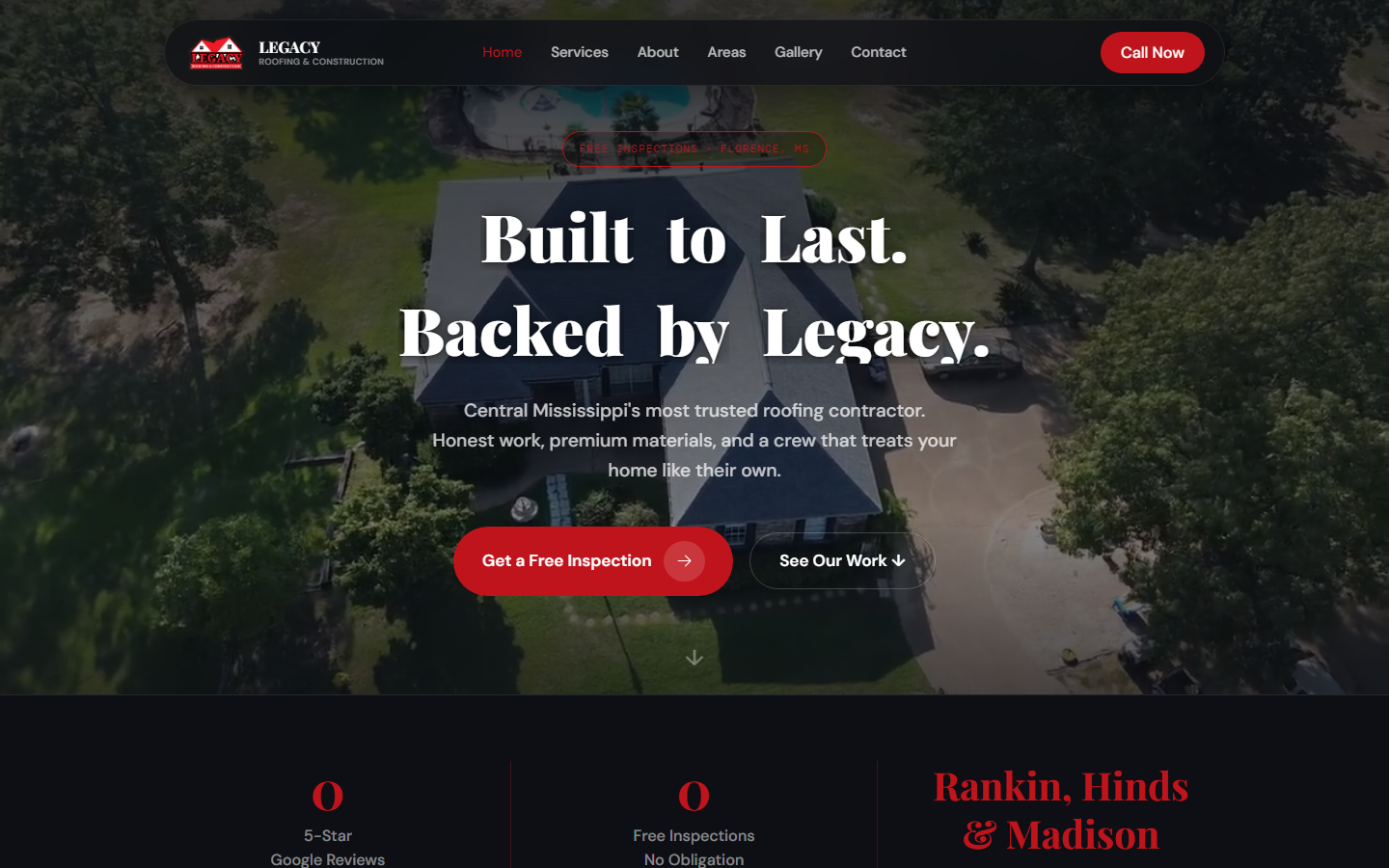 Legacy Roofing & Construction website — roofing contractor in Florence, Mississippi