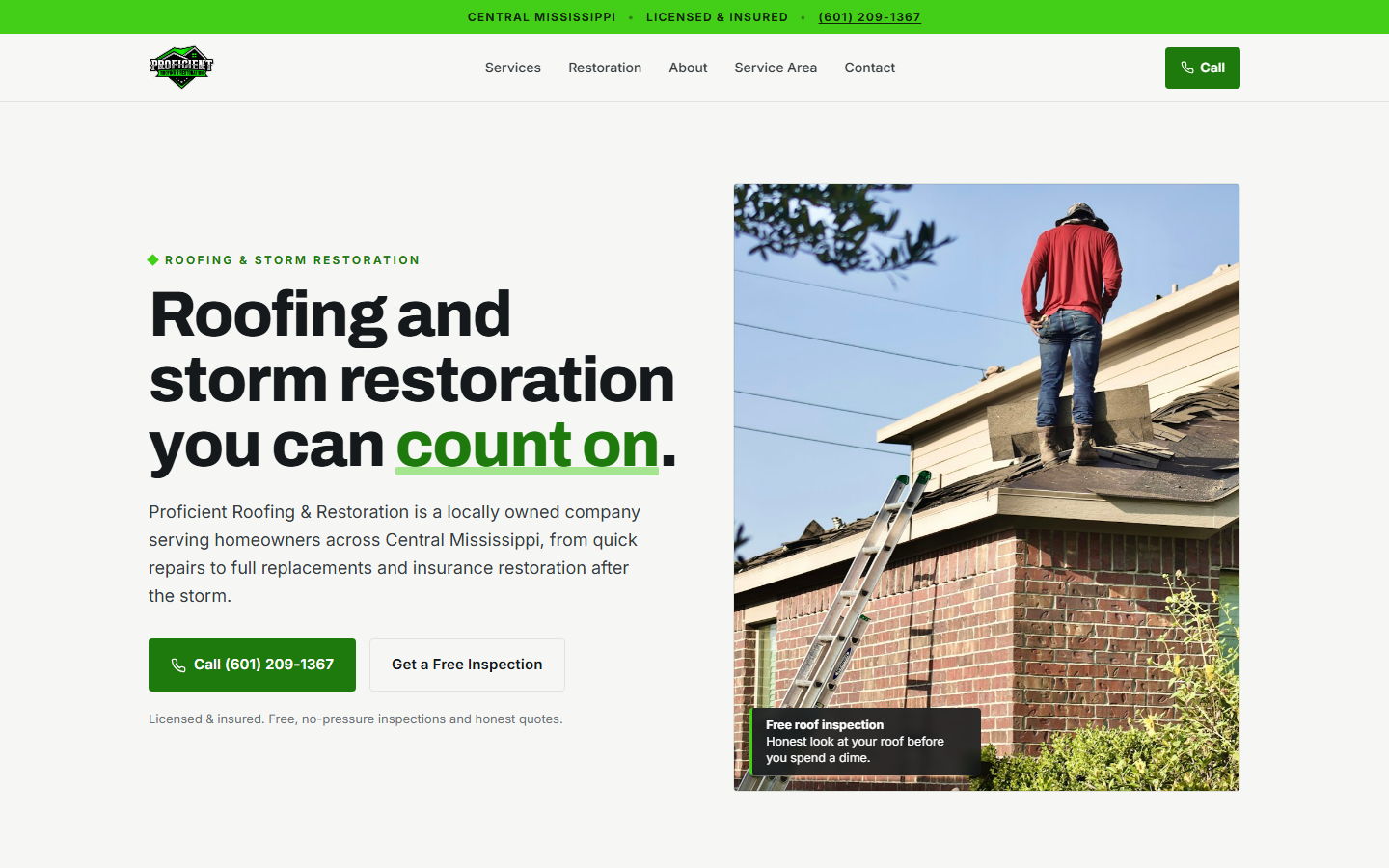 Proficient Roofing & Restoration, a live client website built by Pine Point Digital